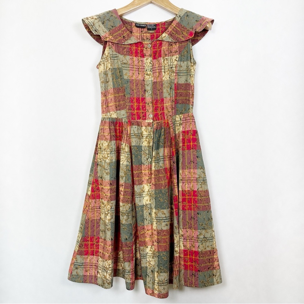 Vintage Plaid Midi Dress with Peter Pan Collar with POCKETS